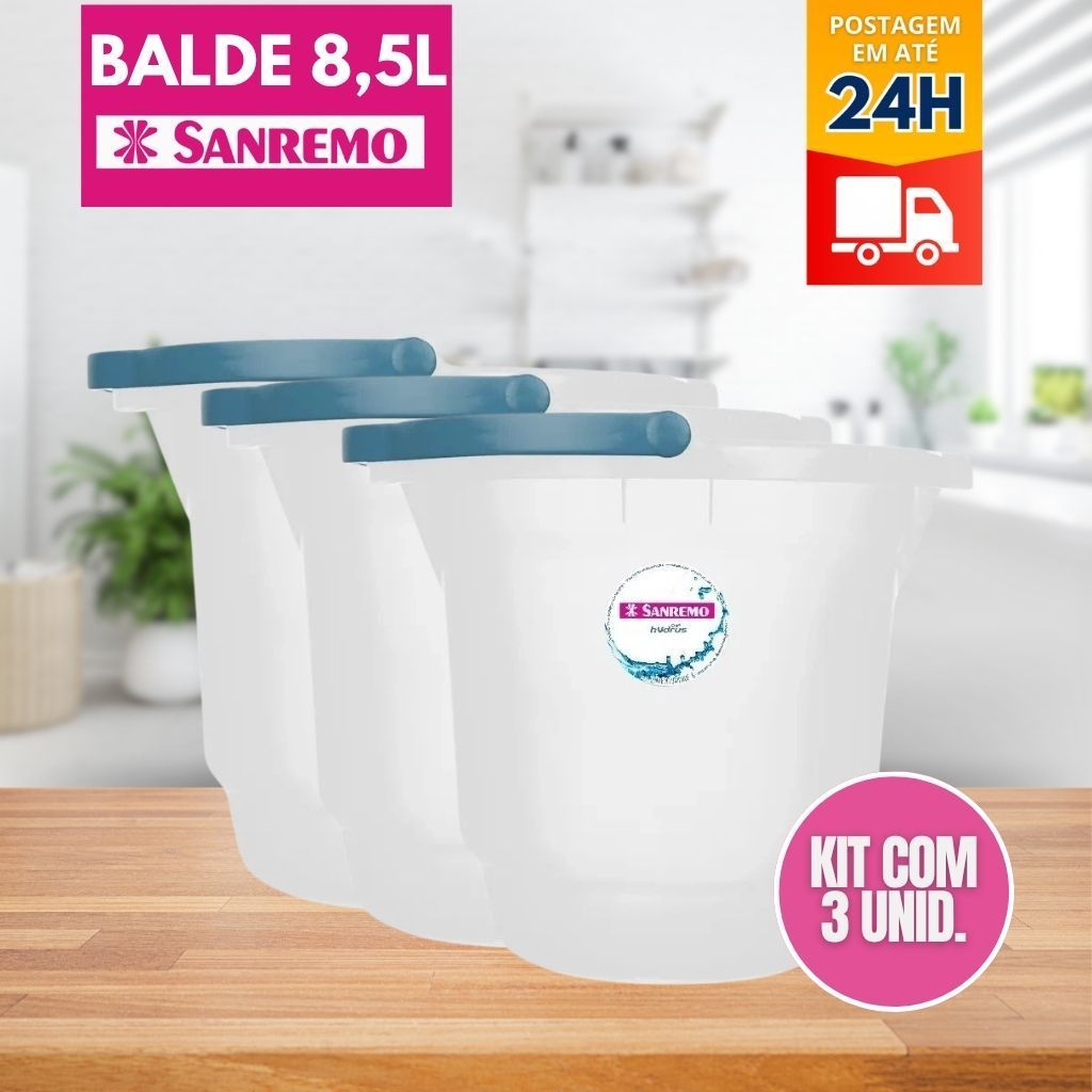 Kit 3 Baldes Plásticos Transparentes 8,5L Hydrus Sanremo