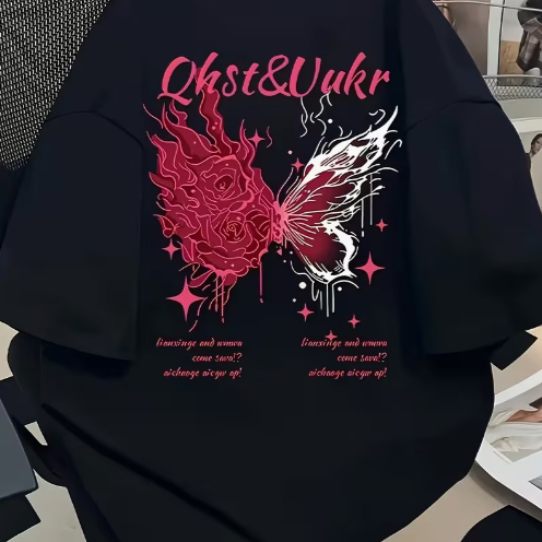 Camiseta Oversized Unissex Borboleta Rosas Estampada Streetwear