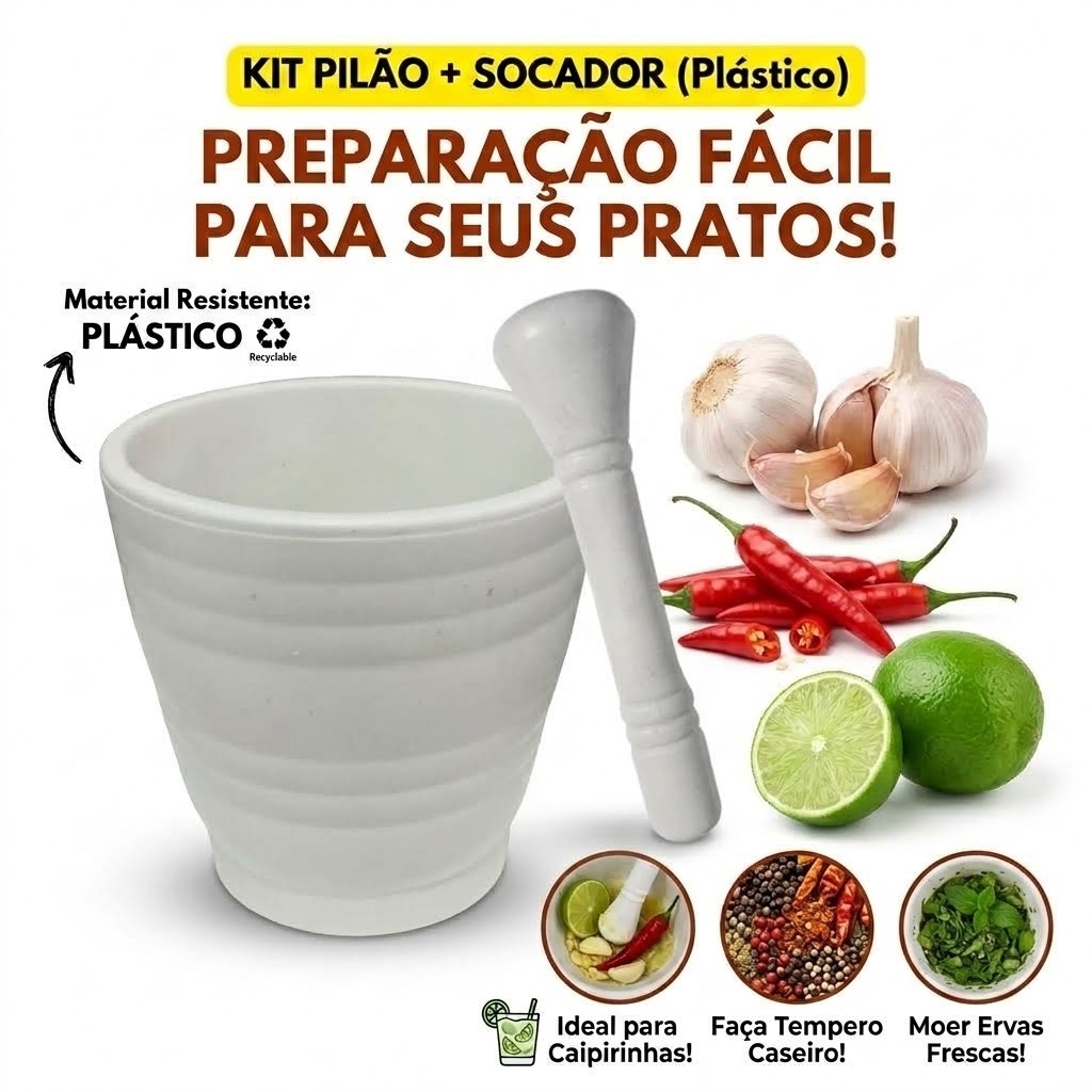Pilão Socador Alho Cebola Branco Plástico Grande Reforçado Caipirinha Amassador Esmagador Cozinha