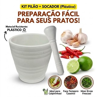 Pilão Socador Alho Cebola Branco Plástico Grande Reforçado Caipirinha Amassador Esmagador Cozinha
