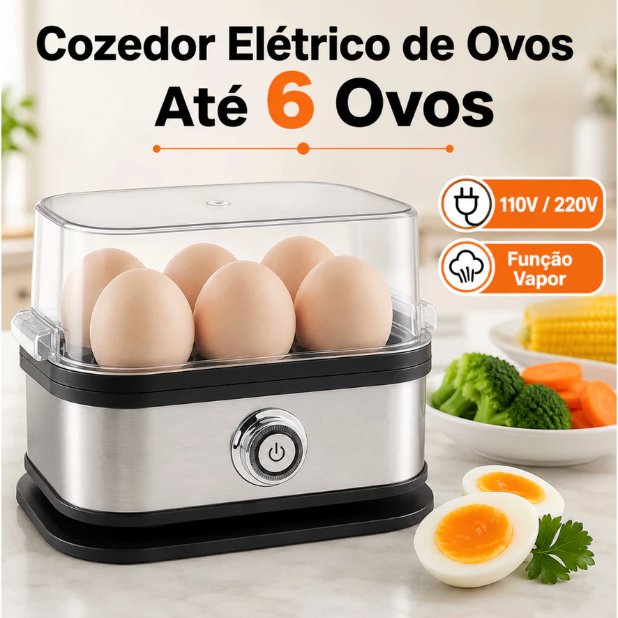 Cozedor Elétrico de Ovos 6 Ovos 110V/220V Desligamento Automático Vapor para Legumes Aço Inox