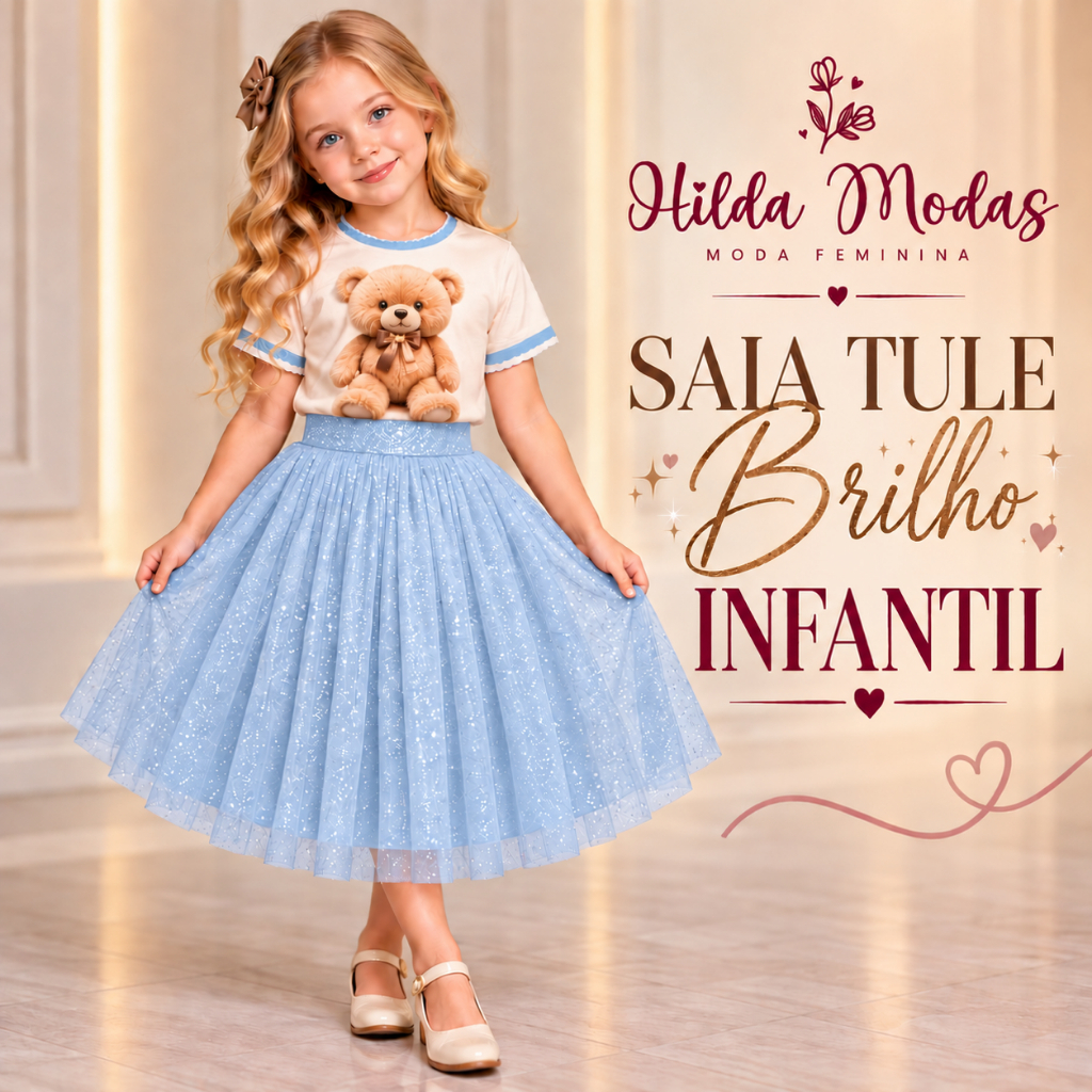 Saia Tule Infantil Cristal de Brilho Glitter forrada Lisa Moda evangélica Fardamento Festividade Congresso