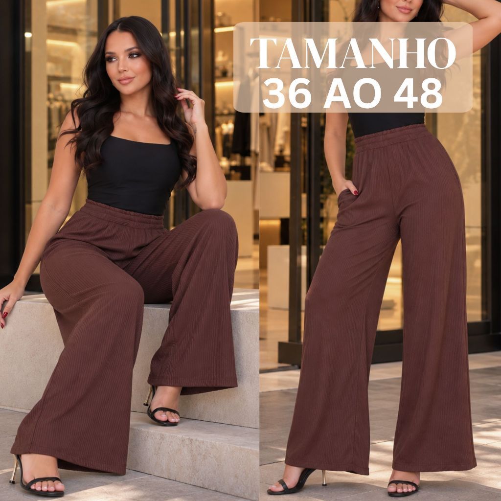 Calça Feminina  Wide Leg Texturizada Zero Transparência Elegante