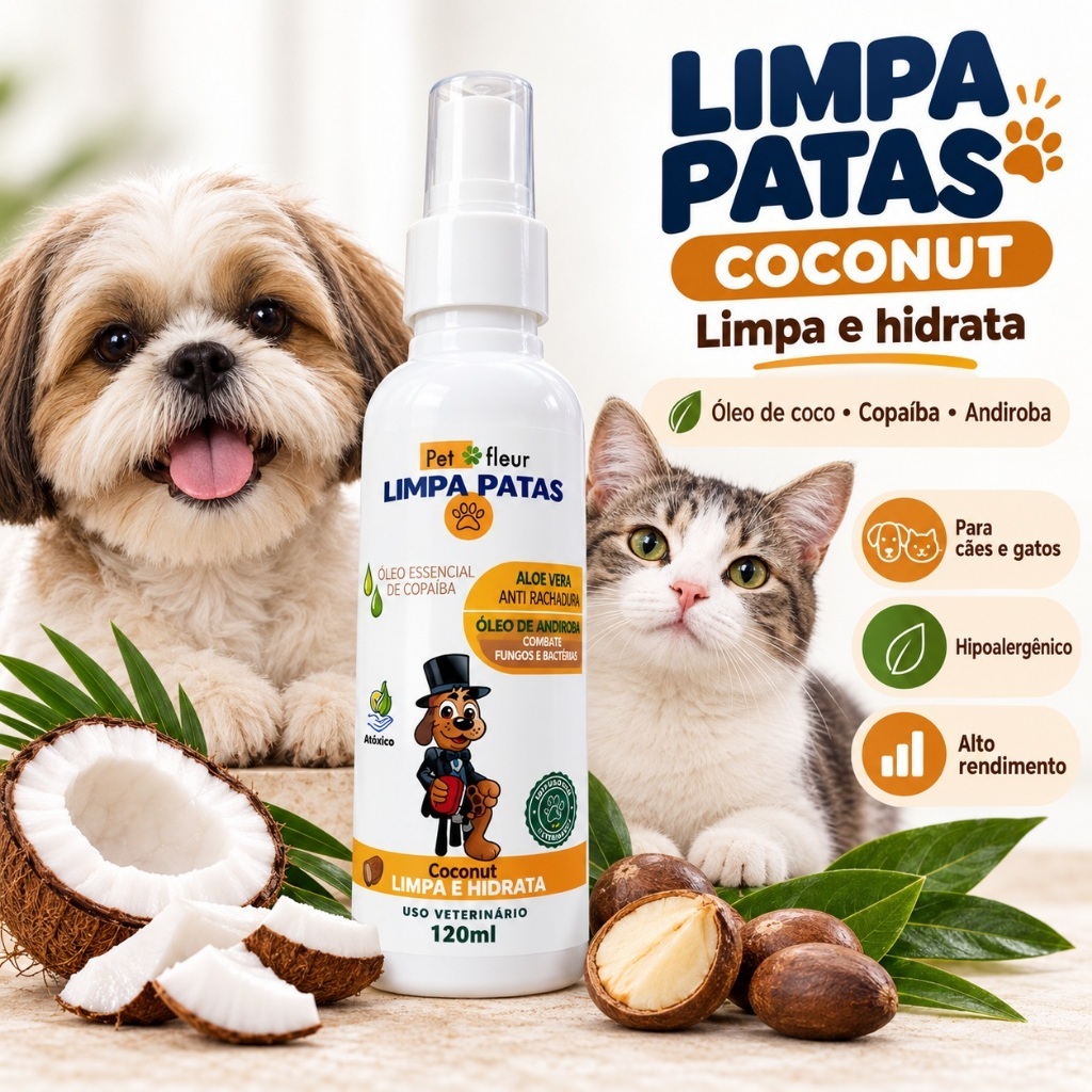 Limpa Patinhas Evita fungos e Coceira  limpeza Ultra Hidratante Coconut e Aloe Vera - Cães E Gatos