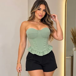 Cropped Feminino Corset Tomara que Caia com Bojo Estruturado e Babado Peplum