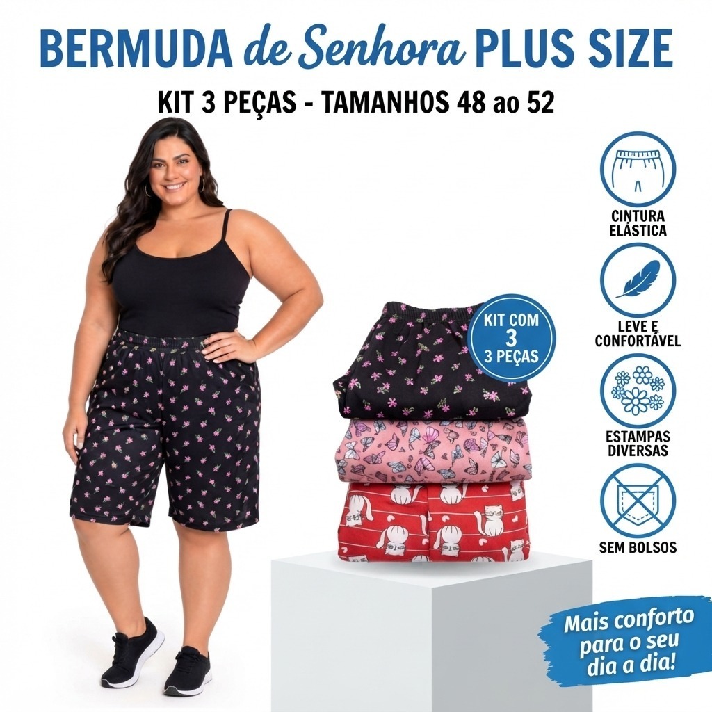 Bermuda Feminina Plus Size KIT 03 Estampada GG1 GG2 GG3 Malha Fria Leve e Confortável