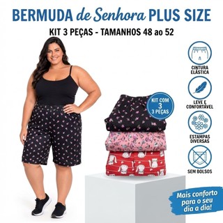 Bermuda Feminina Plus Size KIT 03 Estampada GG1 GG2 GG3 Malha Fria Leve e Confortável