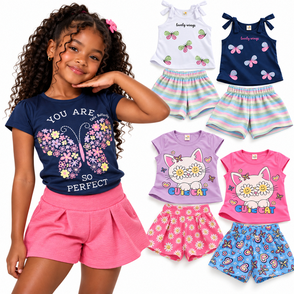 Kit Conjunto Infantil Menina Verão do 3 ao 12 anos | Roupa Infantil Feminina Blusa Manga Curta + Shorts l Envio Sortido