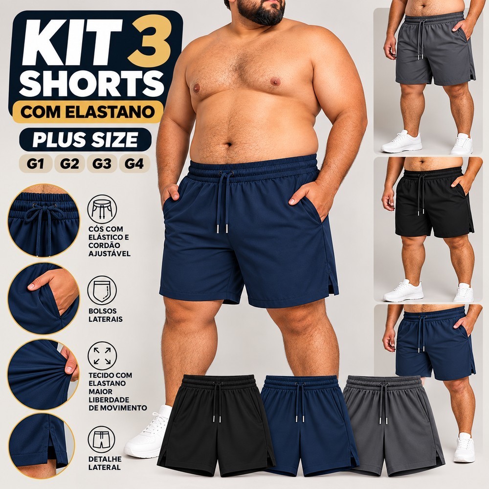 Kit 3 Shorts Plus Size G1 G2 G3 G4 Tactel com Elastano Academia Caminhada Atividade física Confortável Leve com Bolsos