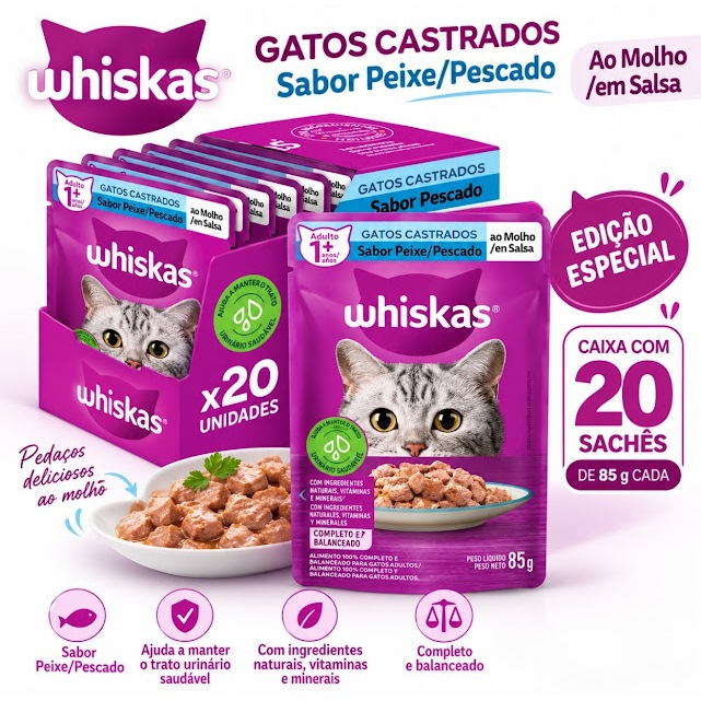 Kit 20 Sachês Whiskas Peixe ao Molho para Gatos Adultos Castrados 85g