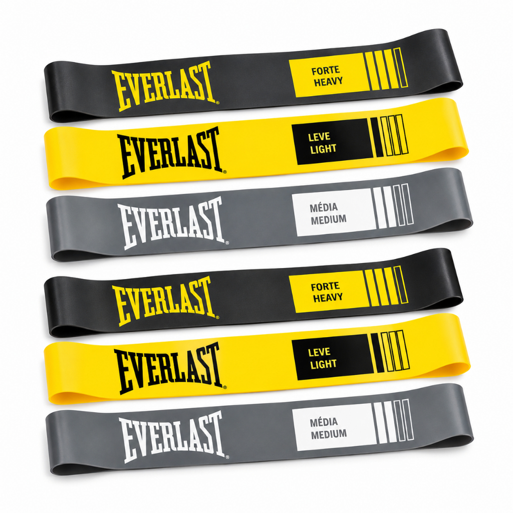 Kit 6 Faixas Elástica Mini Band Everlast Treino Exercícios Academia Funcional Yoga Pilates Fiosioterapia Resistência
