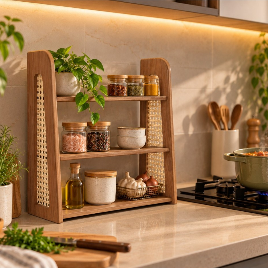 Estante Porta Temperos 3 Prateleiras MDF Palha Indiana Natural Boho Cozinha