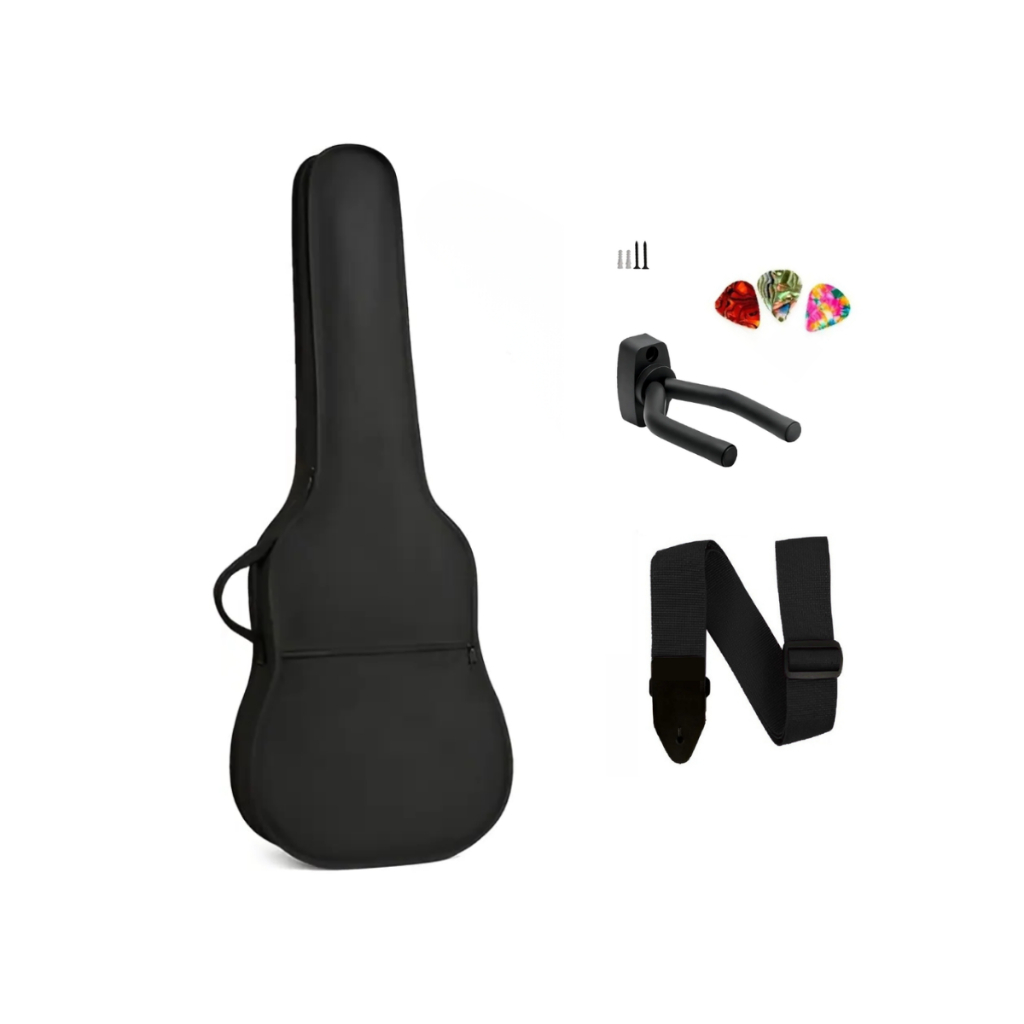 Kit Violão Folk: Capa Nylon + Correia Preta + Suporte de Parede + 3 Palhetas