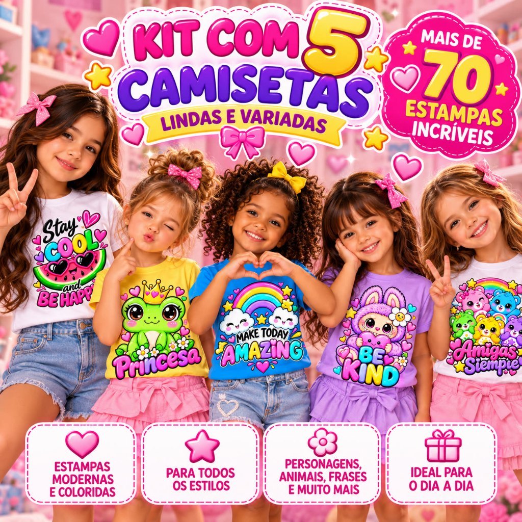 Kit 5 Camisetas Infantis Menina 100% Algodão Estampas Sortidas Lindas | ElianneShop