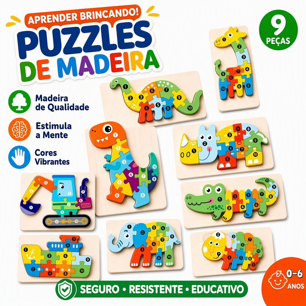 Quebra-Cabeça de Dino 3D em Madeira - Brinquedo Educativo Montessori para Bebês e Crianças Pequenas