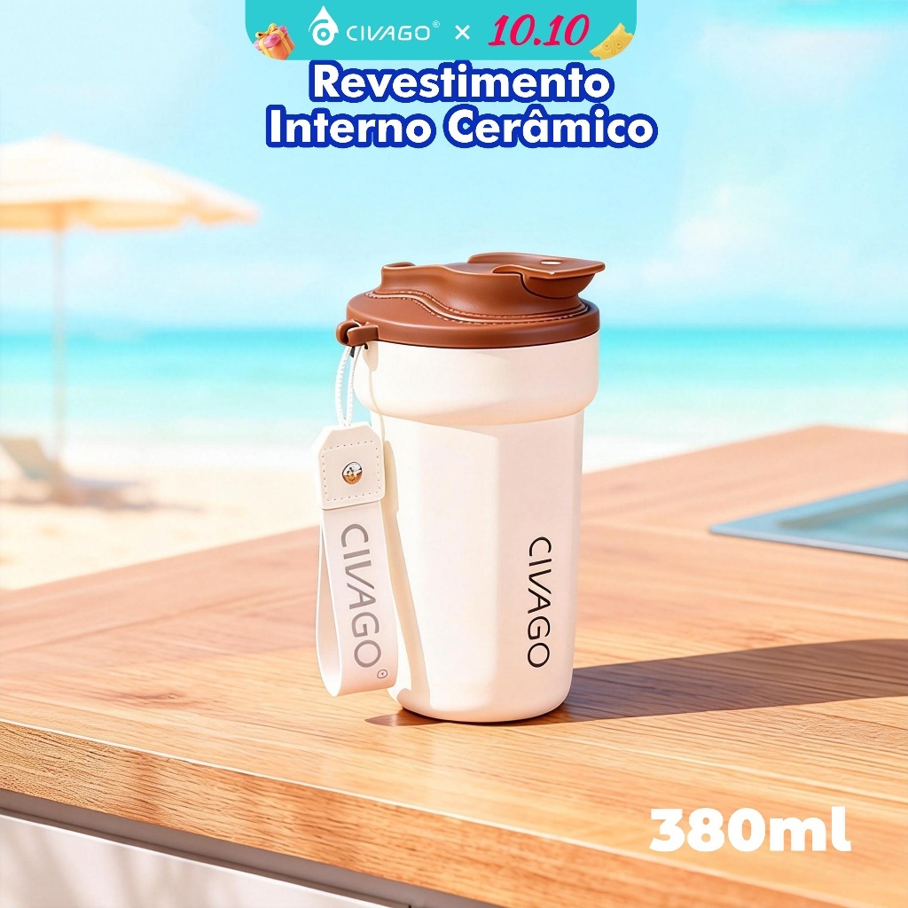 Civago Copo Térmico 380ml inox Portátil com Revestimento Interior Cerâmica Quente/Frio Antivazamento
