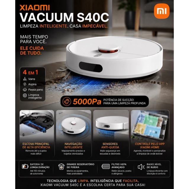 🔥 Xiaomi Vacuum S40C Robô Aspirador Inteligente | Aspira e Passa Pano | Mapeamento a Laser