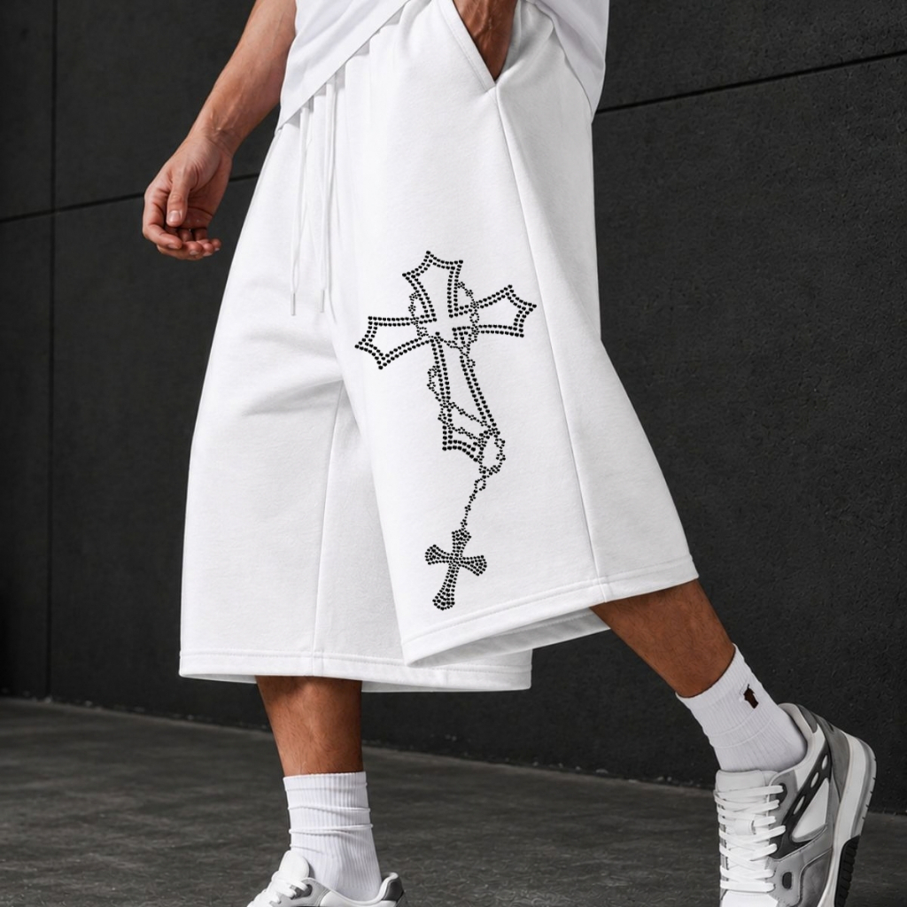 Bermuda Baggy Masculina Moletom Oversized Estampa Cruz Streetwear
