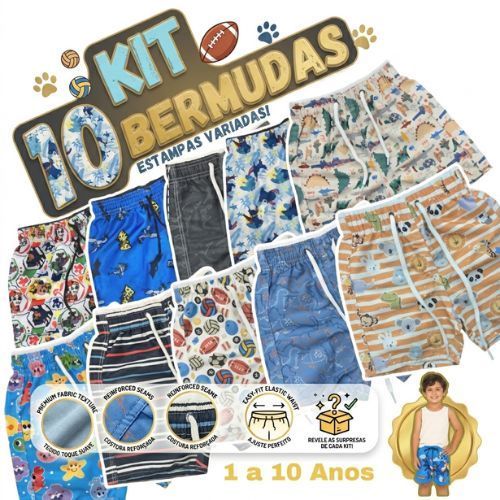 Kit 10 Shorts  Infantil Sortidos/  Menino Bermuda Juvenil Tactel Masculina Moda Praia