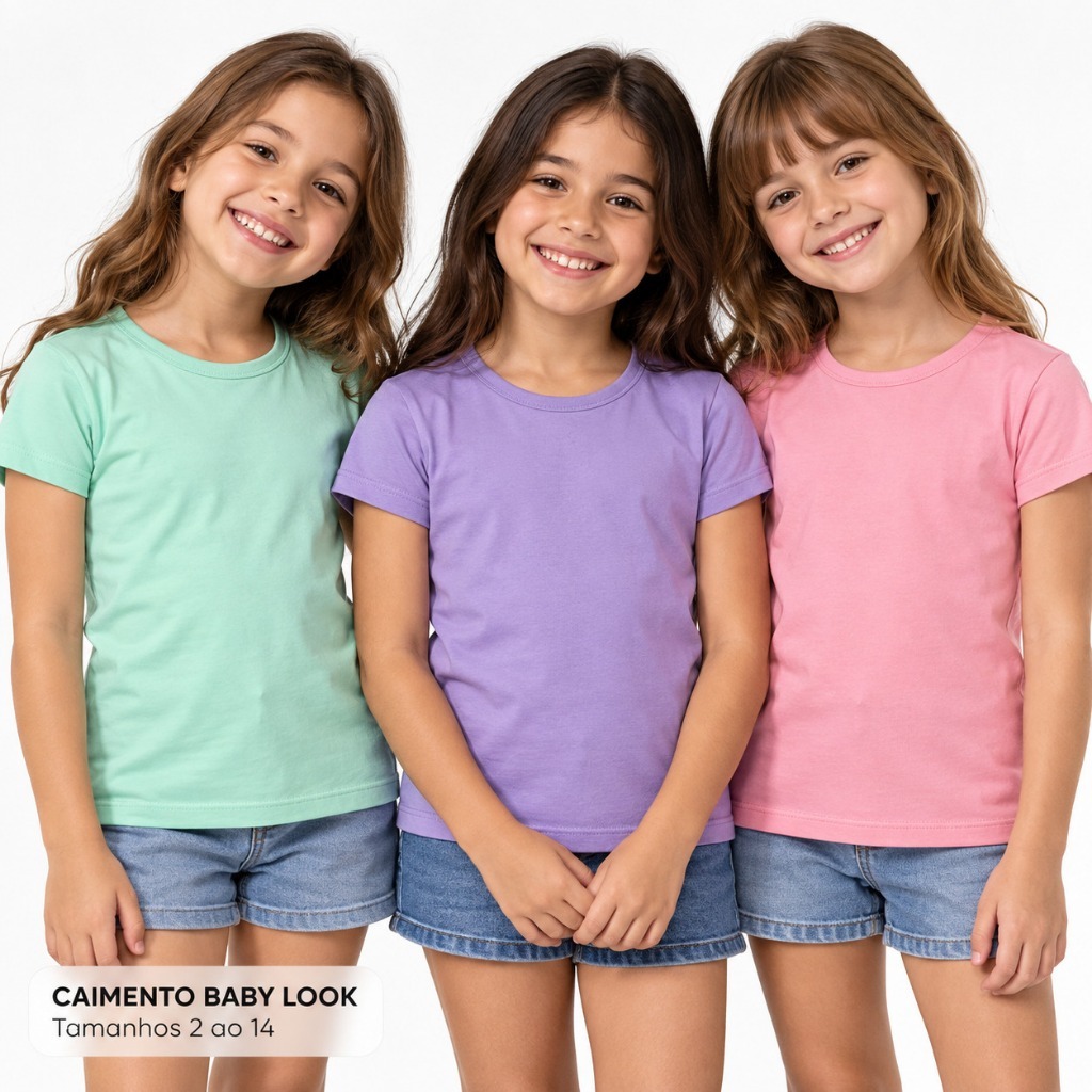 Kit 3 Blusas Manga Curta Infantil Menina, Baby Look De Algodão Tamanhos 2 ao 14.