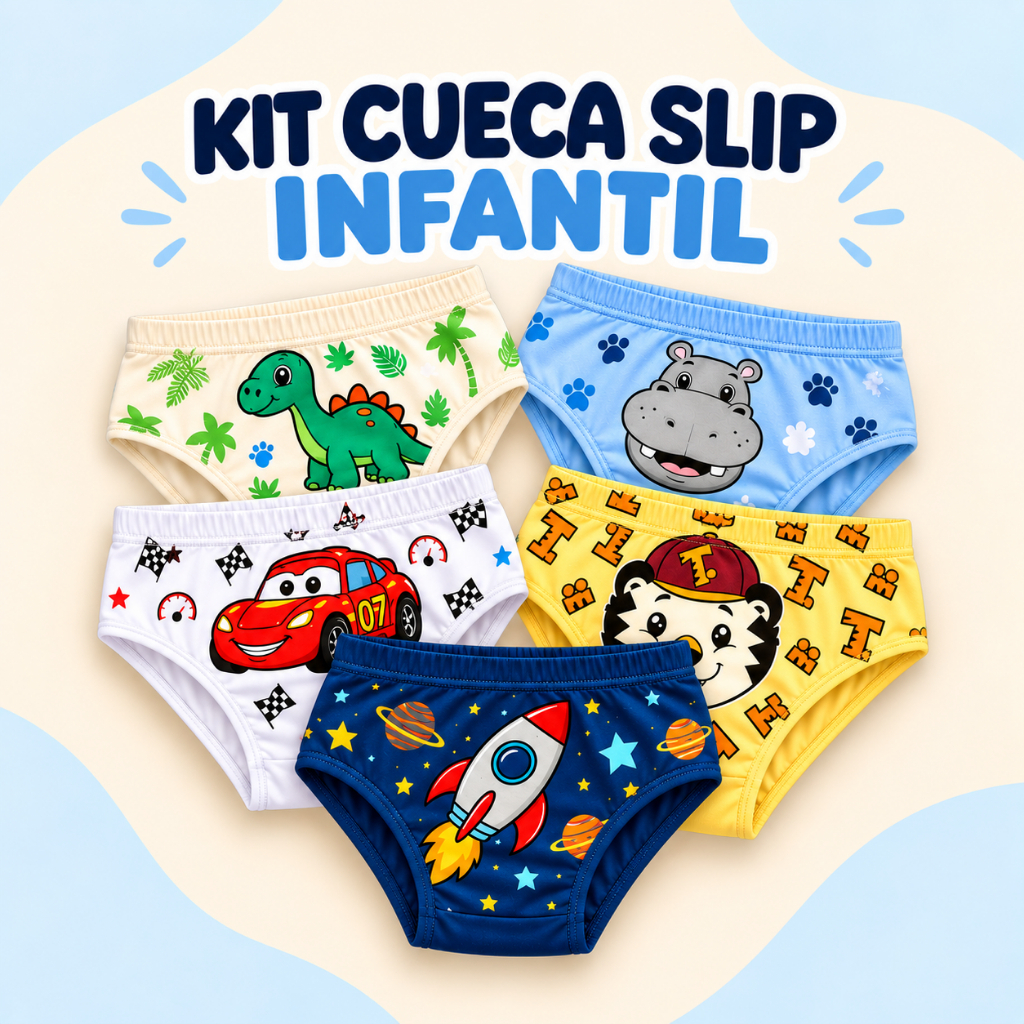 Kit 5 ou 10 Cuecas Slip Infantil Menino Algodão Com Forro Confortável Estampas Sortidas P M G
