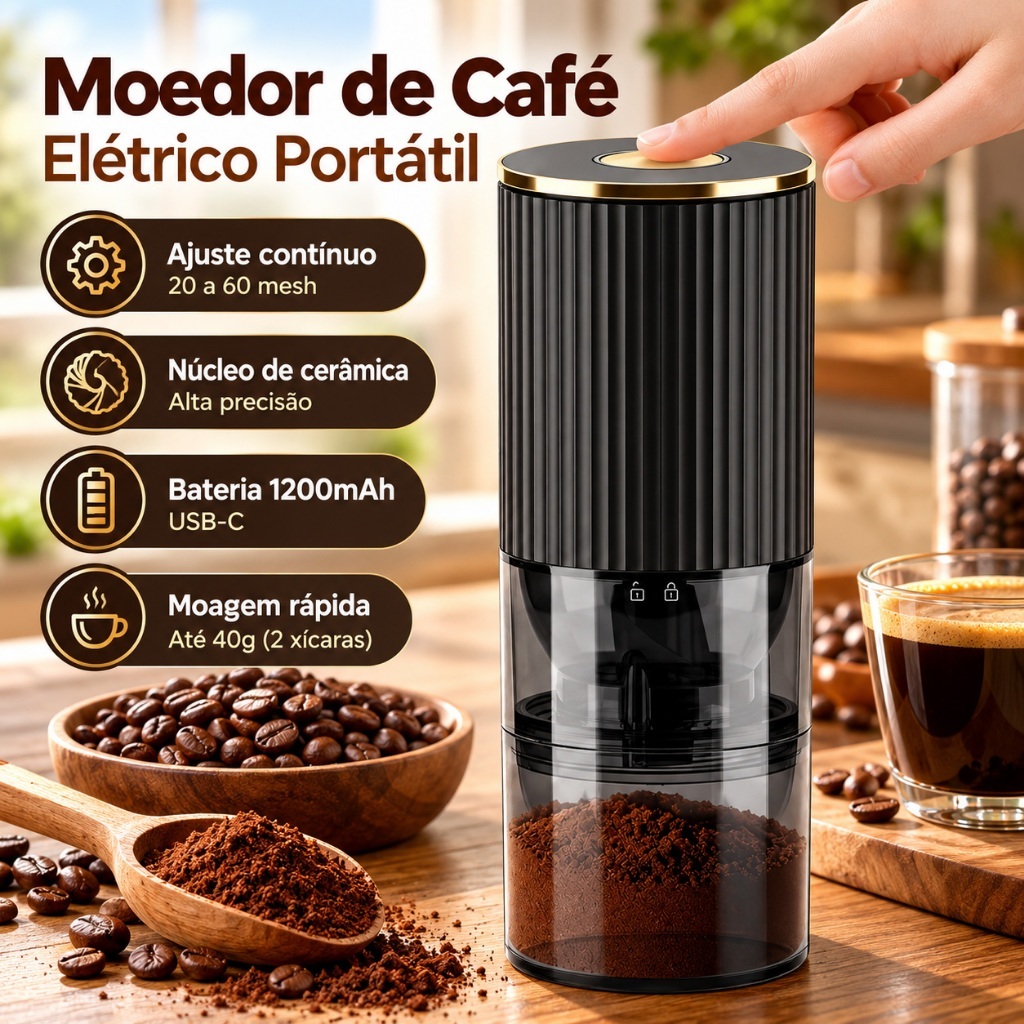Moedor de café elétrico portátil Ajuste contínuo de 20 a 60 mesh núcleo de moagem cerâmica USB-C Inclui escova