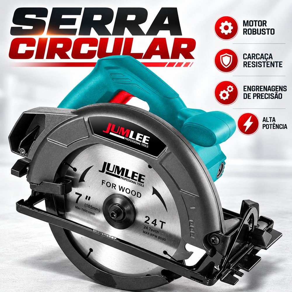 Serra Circular Elétrica 7 Polegadas 110V 185mm  1200W 5500RPM Corte Madeira Ajuste 45° Guia Paralelo JUMLEE