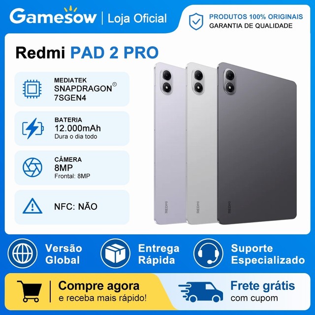 Tablet Redmi Pad 2 PRO, Processador Snapdragon 7s Gen 4, Bateria 12.000mAh, Versão Global, 128/256GB e 6/8GB RAM