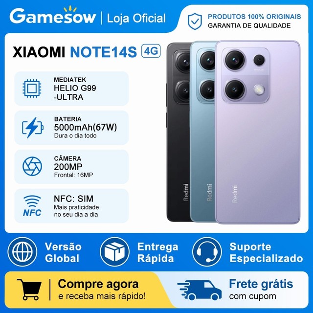 Xiaomi Redmi Note 14S 4G 256GB Armazenamento, 8GB RAM, Câmera 200MP, Processador Mediatek Hélio G99-Ultra, Versão Global