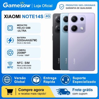 Xiaomi Redmi Note 14S 4G 256GB Armazenamento, 8GB RAM, Câmera 200MP, Processador Mediatek Hélio G99-Ultra, Versão Global