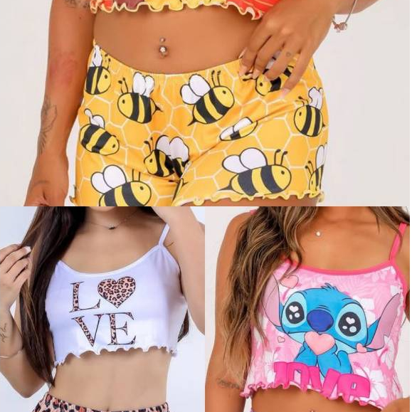 KIt 3 Pijamas Feminino Variados Cropped Ondinha Estilo Blogueira Virginia Conjunto Shorts Confortável