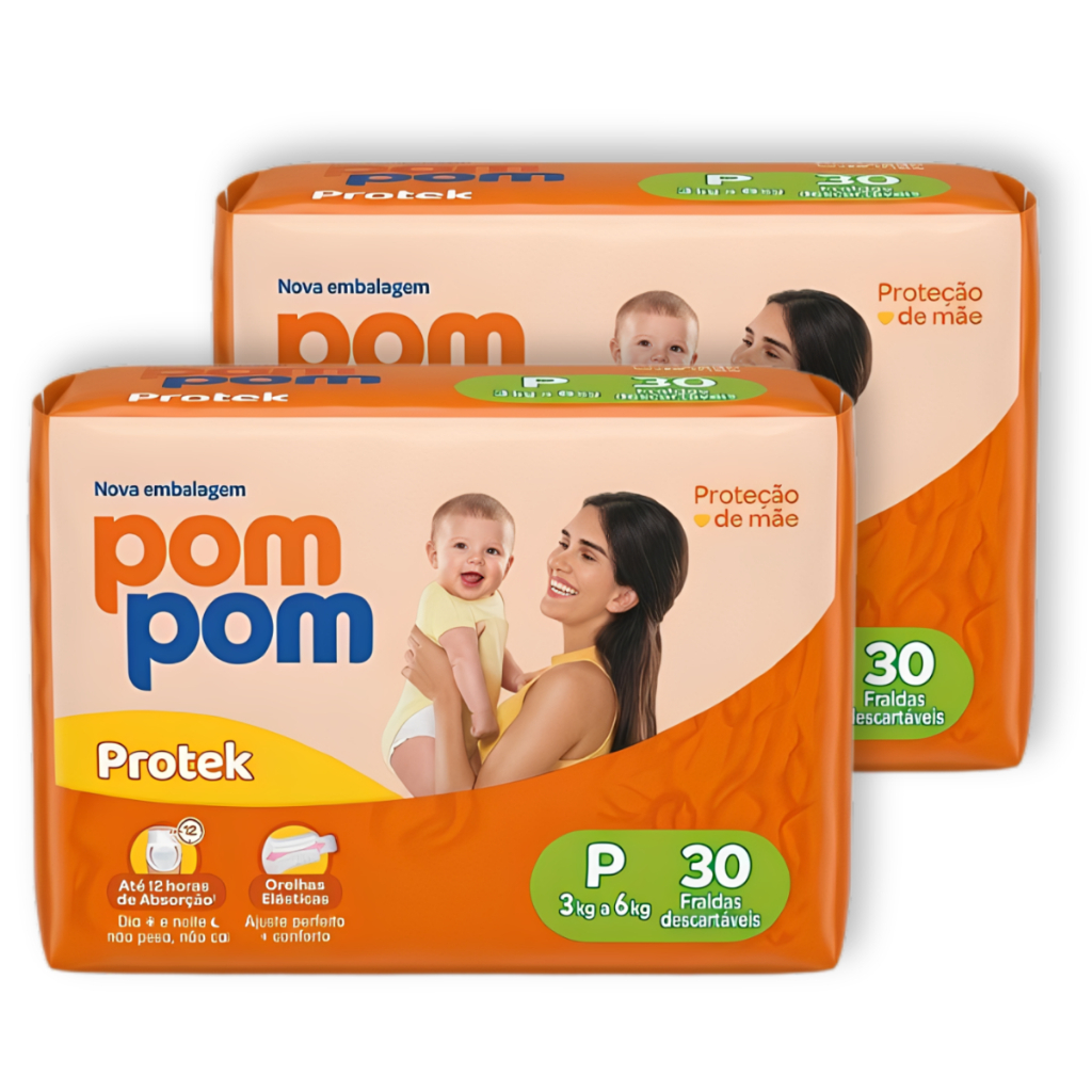 Kit 2 Fralda Pom Pom Protek Proteção de Mãe Tamanho P Pacote Jumbo - Total 60 Unidades