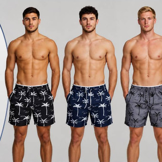 Kit 3 Bermuda Masculina Tactel Grosso Com Secagem Rápida E Estampa De Coqueiro Para Praia E Academia