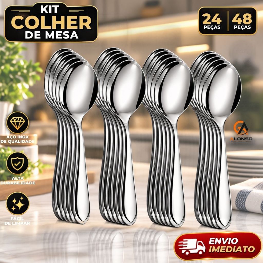 Jogo de Talhares 48/24 Peças Colher de Sopa em Inox Aparelho de Jantar Talheres Colheres p/ Cozinha