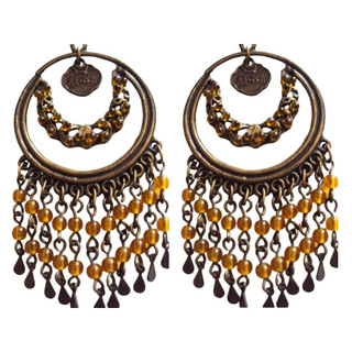 040 Bjb- Um Par de Brincos- Franja- Metal Dourado Envelhecido- Missanga Amarela- Maxi- Artesanal- Acessórios de Moda