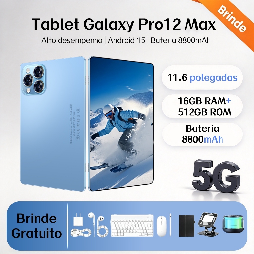 【Teclado e mouse grátis】 Tablet Galaxy Pro12 Max 11,6 polegadas, 16 GB + 512 GB, bateria de 8.800 mAh, dois chips, 5G