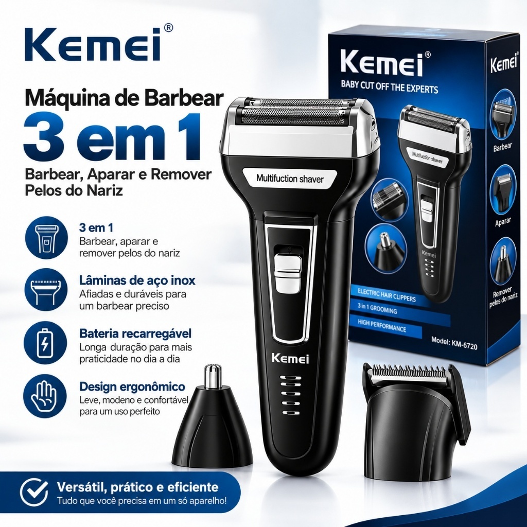 Maquina Barbear 3 em 1 Shaver Kemei KM-6558 Nariz Barba Pelos e Corpo