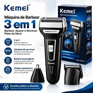Maquina Barbear 3 em 1 Shaver Kemei KM-6558 Nariz Barba Pelos e Corpo