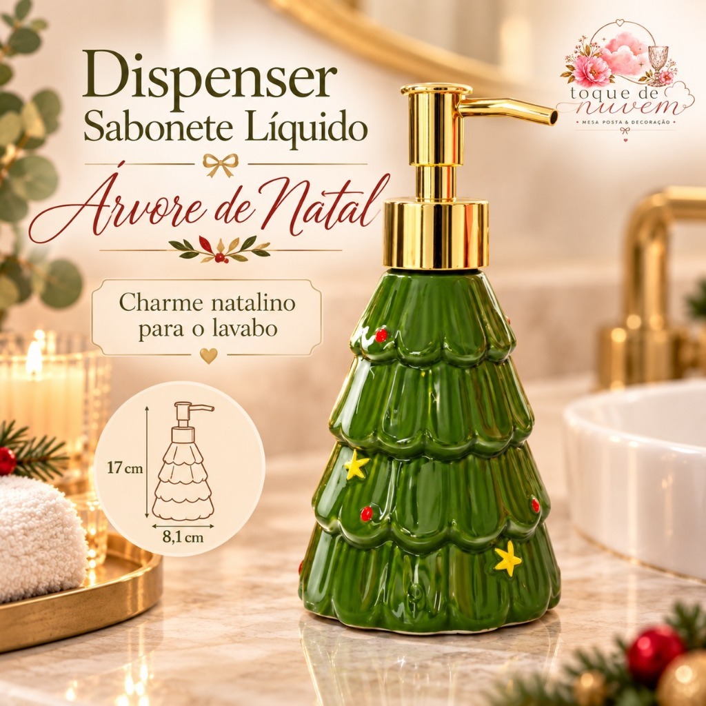 Dispenser Sabonete Líquido Árvore de Natal 17cm Verde Dourado Banheiro Lavabo Decoração Presente Pia
