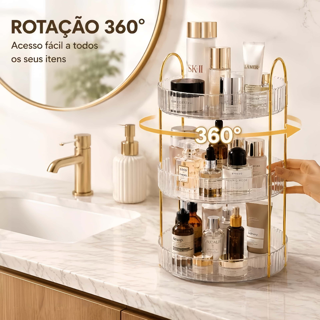 Organizador de Maquiagem Giratório 360° Por Dois ou Três Andares Porta Cosméticos e Perfumes Multifuncional