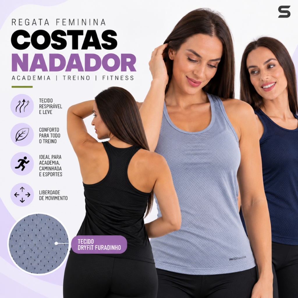 Regata Feminina Dry Costas Nadador Academia Esportivo Fitness Treino Lisa Dryifit Furadinho