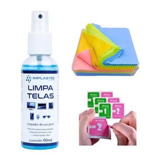 Limpa Telas Implastec 60ml Kit Pano Microfibra 3 Wipes para TV Celular Notebook Monitor PC