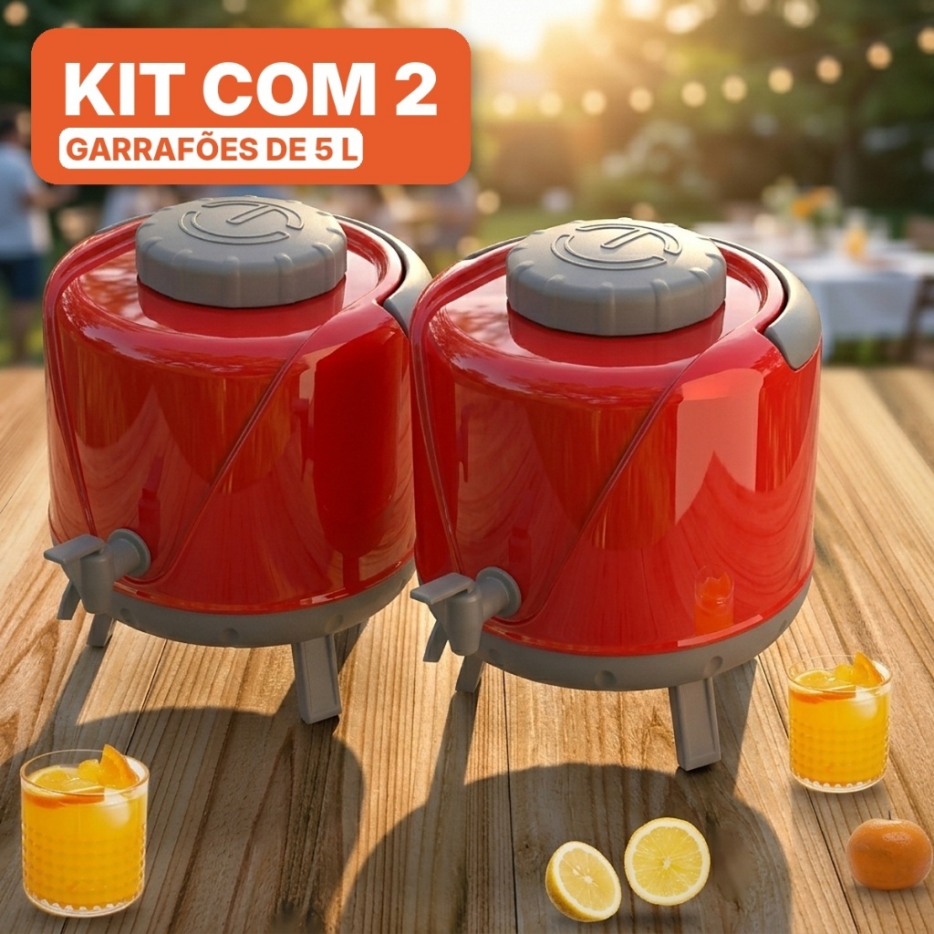 Kit 2 Garrafão Térmico 5 Litros Botijão Arezzo Unitermi com Torneira Alça e Pés Água Suco Café Chá Festa Evento Obra