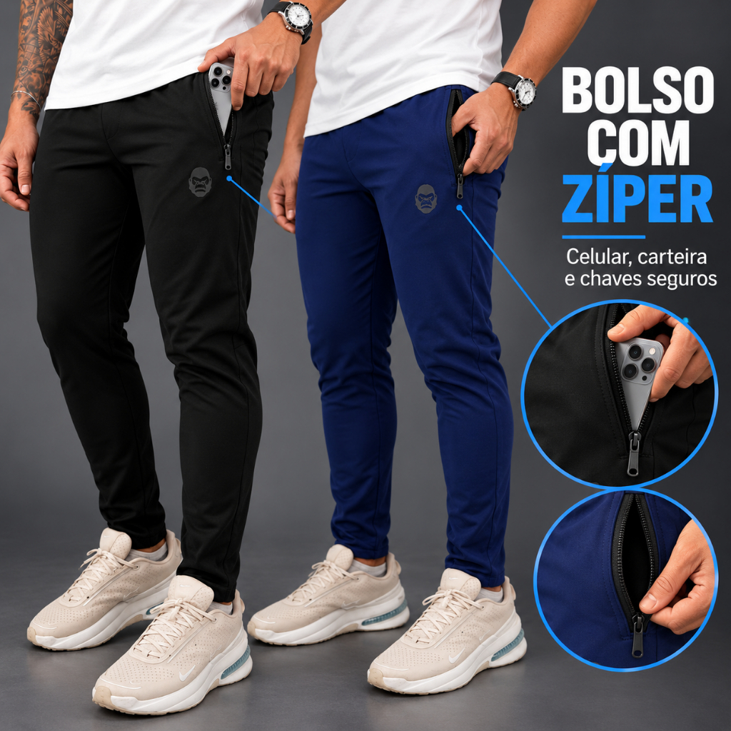 Kit 2 Calças Masculinas Tactel Kong com Elastano Bolso com Zíper Esportiva Academia Caminhada Casual