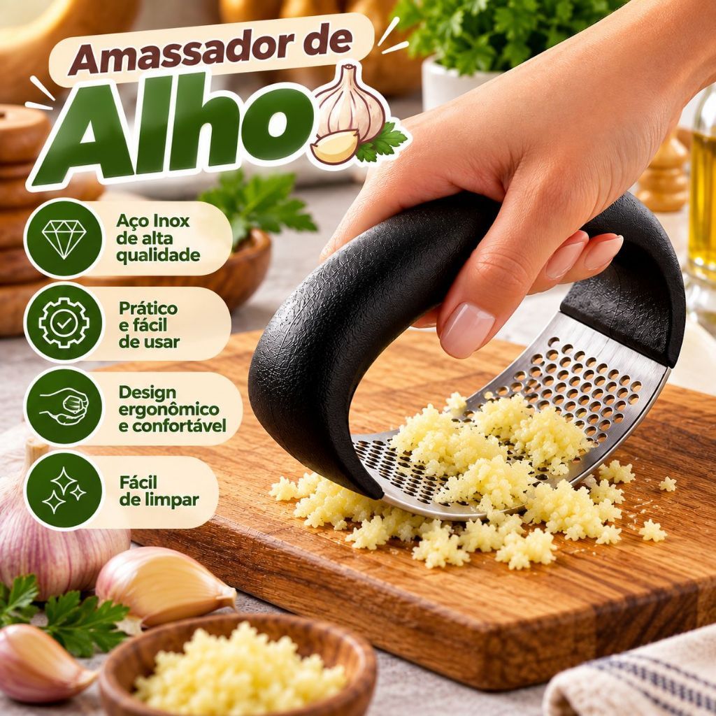 Espremedor Amassador de Alho Manual Triturador Prensa Ergonômica Aço Inox para Cozinha - NYBC