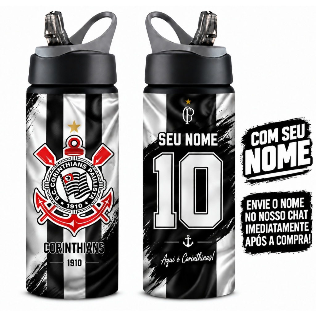 Garrafa de Alumínio 600ml Alvinegro Timão Personalizada Com Nome