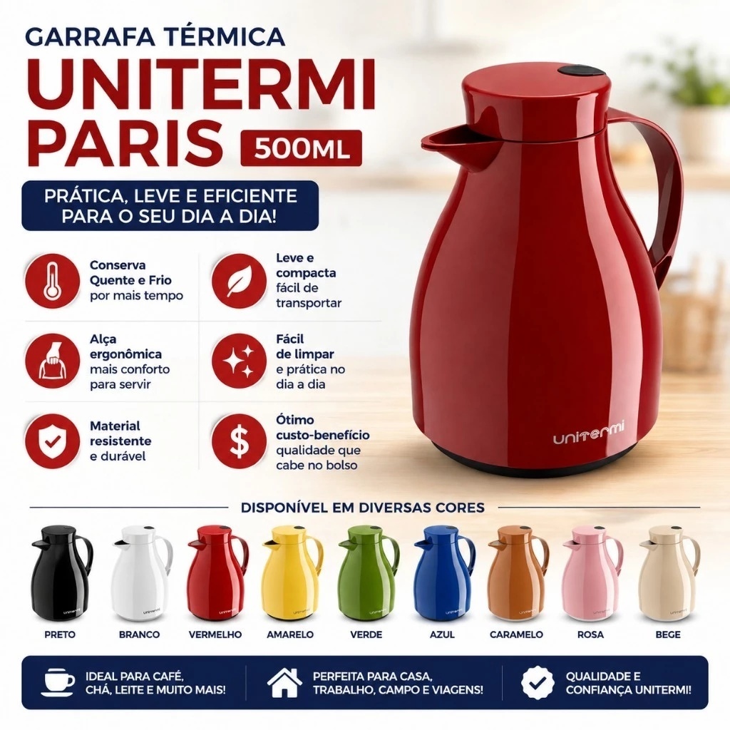 Garrafa Térmica Café Unitermi Paris 500ml Com Alça Chá Leite Conserva Quente e Frio Diversas Cores