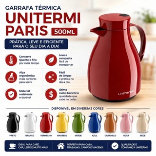Garrafa Térmica Café Unitermi Paris 500ml Com Alça Chá Leite Conserva Quente e Frio Diversas Cores