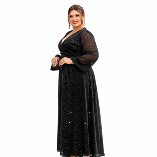 Vestido Madrinha de Casamento Plus Size Manga Longa Tule Brilho Lurex Fenda Inverno Roupa de Frio