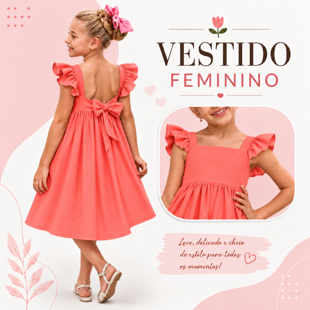 Vestido Infantil Feminino Menina 4 ao 12 Anos com Babado e Laço nas Costas – Liso e Estampado Festa Aniversário Passeio